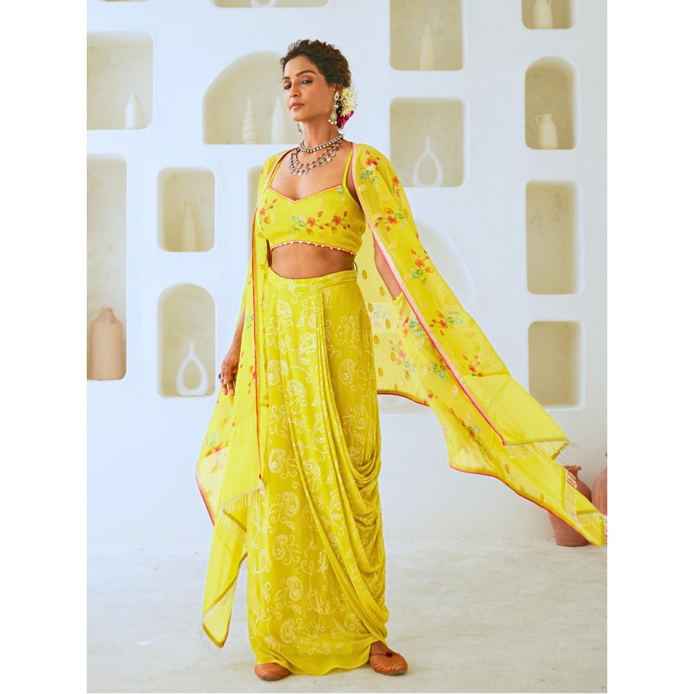 Myaara Lemon Green Fusion With Georgette Blouse with Skirt and Cape (Set of 3)