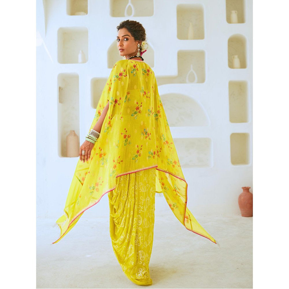 Myaara Lemon Green Fusion With Georgette Blouse with Skirt and Cape (Set of 3)