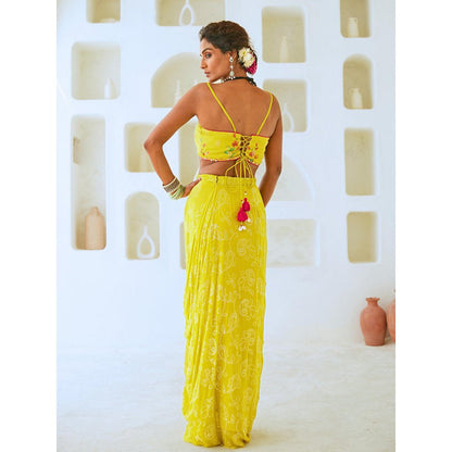 Myaara Lemon Green Fusion With Georgette Blouse with Skirt and Cape (Set of 3)