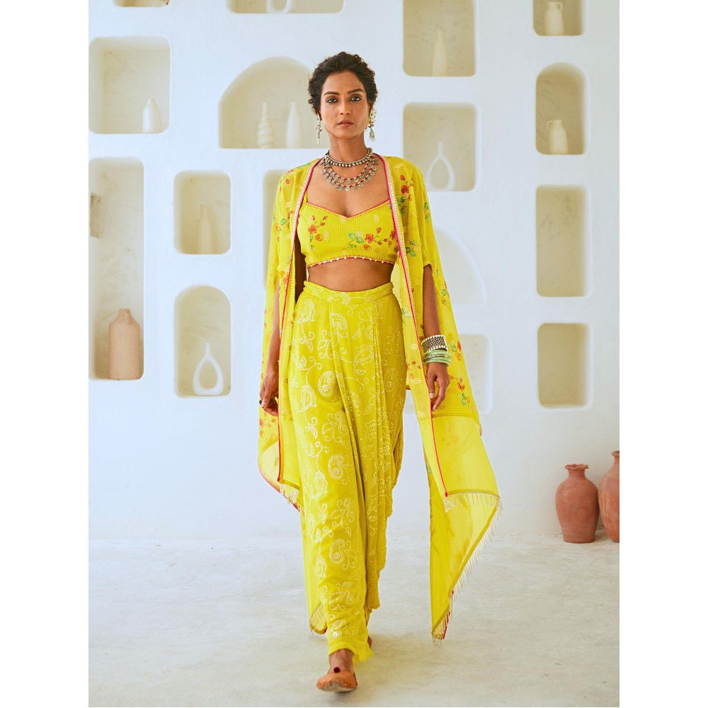 Myaara Lemon Green Fusion With Georgette Blouse with Skirt and Cape (Set of 3)