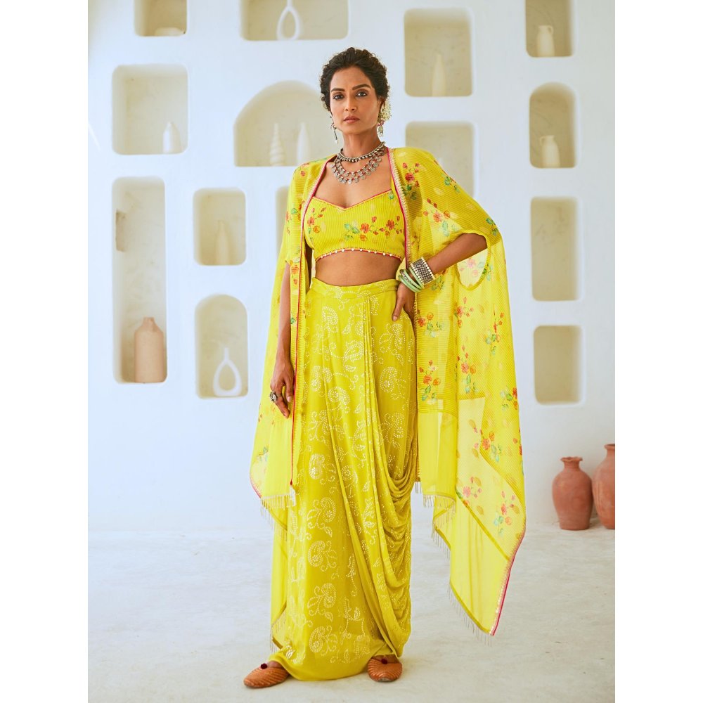 Myaara Lemon Green Fusion With Georgette Blouse with Skirt and Cape (Set of 3)