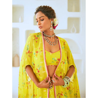 Myaara Lemon Green Fusion With Georgette Blouse with Skirt and Cape (Set of 3)