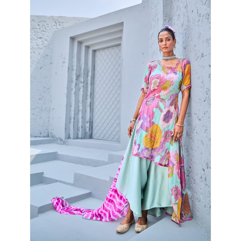 Myaara Aqua Blue Tissue Floral Printed Fusion with Pant Leheriya Dupatta (Set of 4)