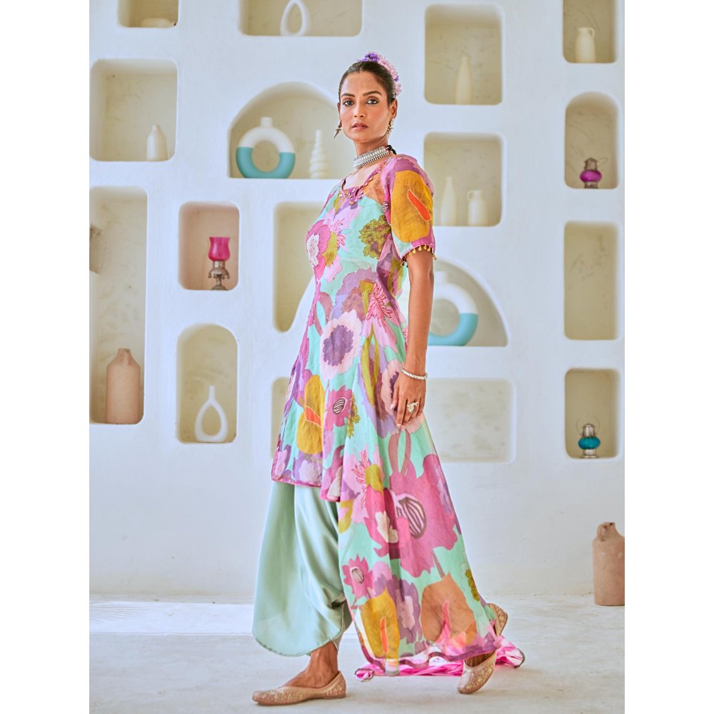 Myaara Aqua Blue Tissue Floral Printed Fusion with Pant Leheriya Dupatta (Set of 4)