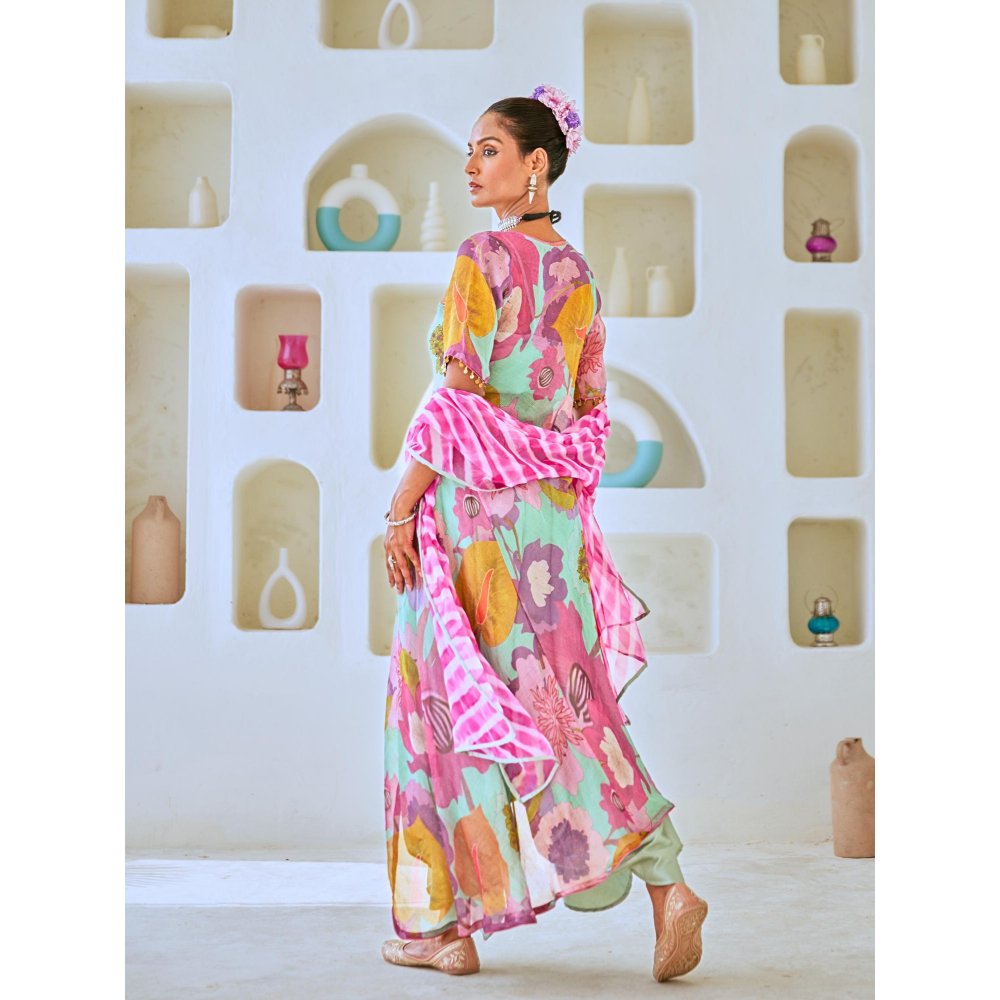 Myaara Aqua Blue Tissue Floral Printed Fusion with Pant Leheriya Dupatta (Set of 4)