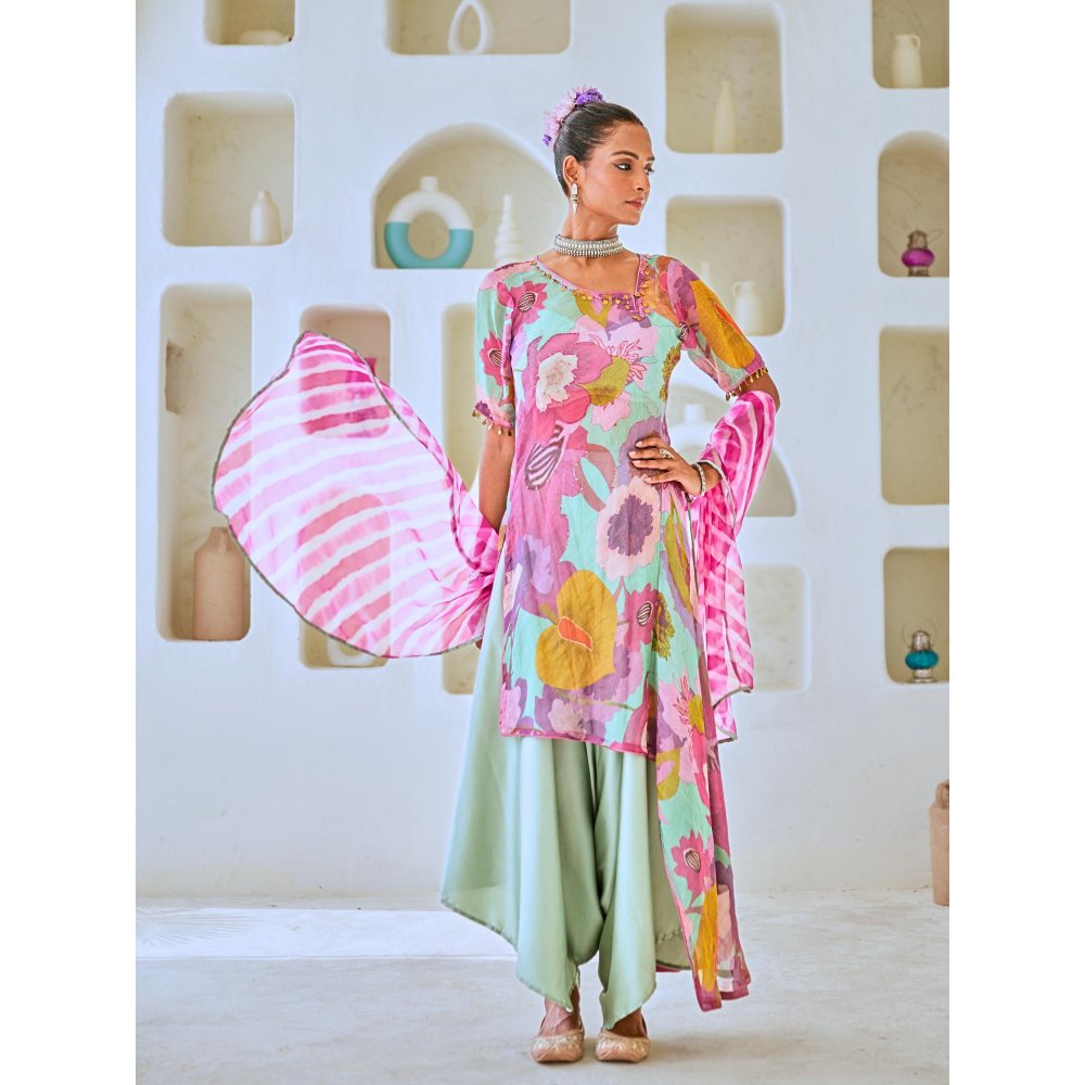 Myaara Aqua Blue Tissue Floral Printed Fusion with Pant Leheriya Dupatta (Set of 4)