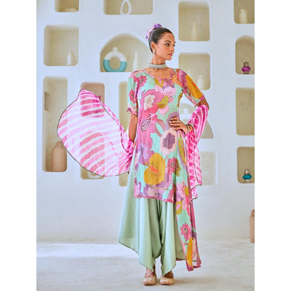 Myaara Aqua Blue Tissue Floral Printed Fusion with Pant Leheriya Dupatta (Set of 4)