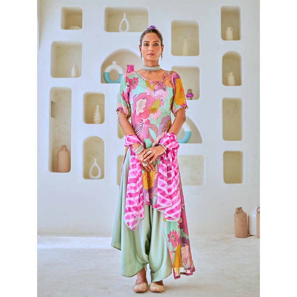 Myaara Aqua Blue Tissue Floral Printed Fusion with Pant Leheriya Dupatta (Set of 4)