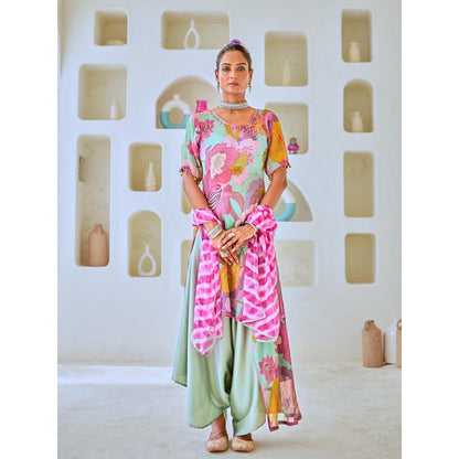 Myaara Aqua Blue Tissue Floral Printed Fusion with Pant Leheriya Dupatta (Set of 4)