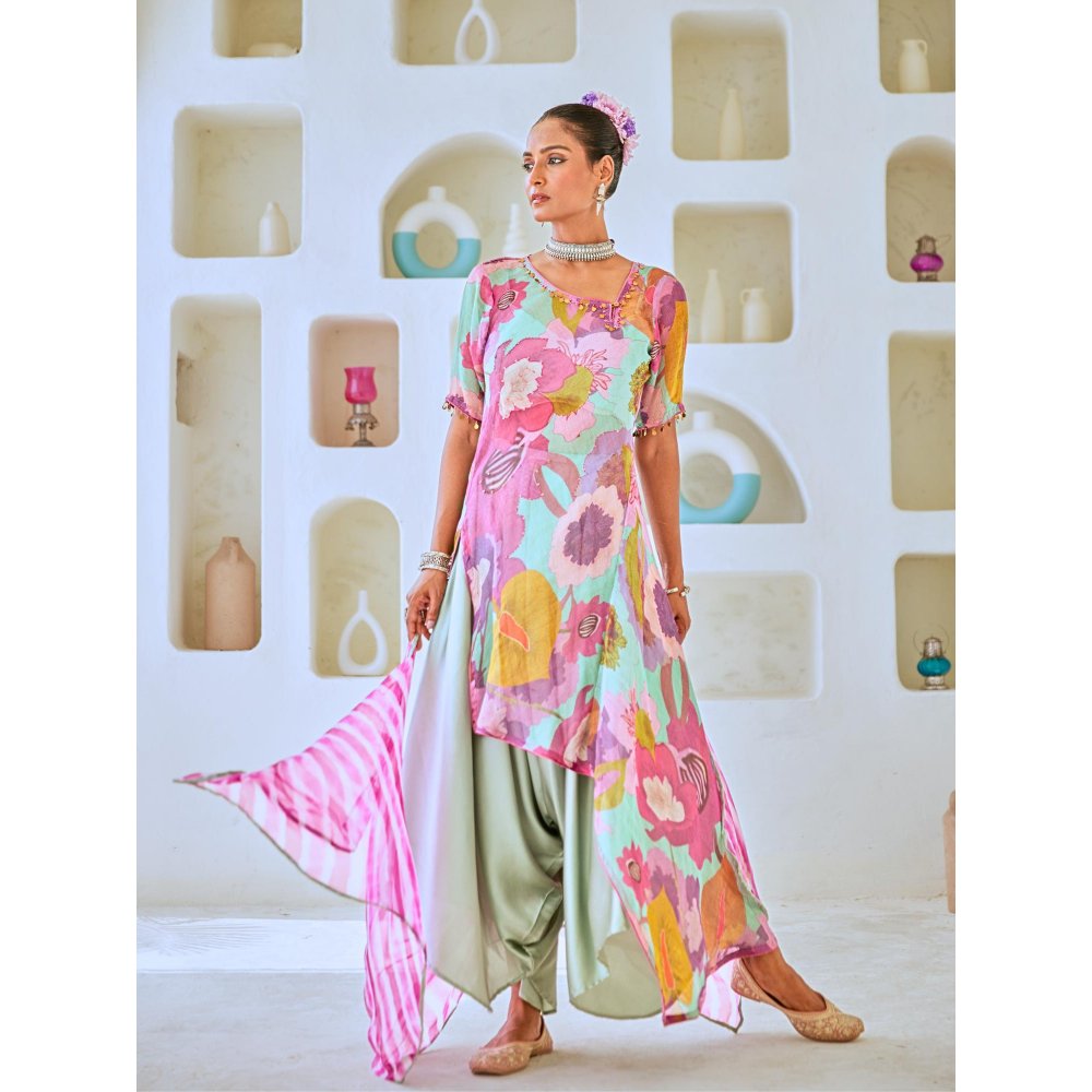 Myaara Aqua Blue Tissue Floral Printed Fusion with Pant Leheriya Dupatta (Set of 4)