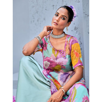 Myaara Aqua Blue Tissue Floral Printed Fusion with Pant Leheriya Dupatta (Set of 4)