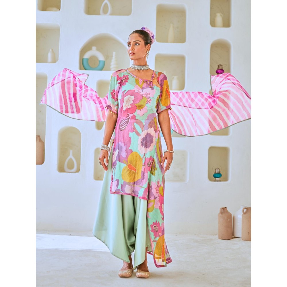 Myaara Aqua Blue Tissue Floral Printed Fusion with Pant Leheriya Dupatta (Set of 4)