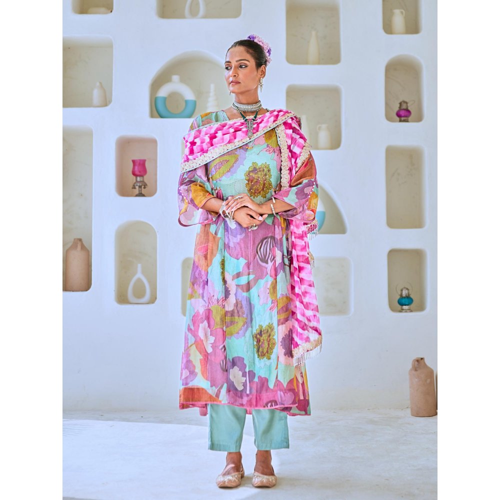 Myaara Aqua Blue Floral Embellished Tissue Kurta with Pant Leheriya Dupatta (Set of 4)