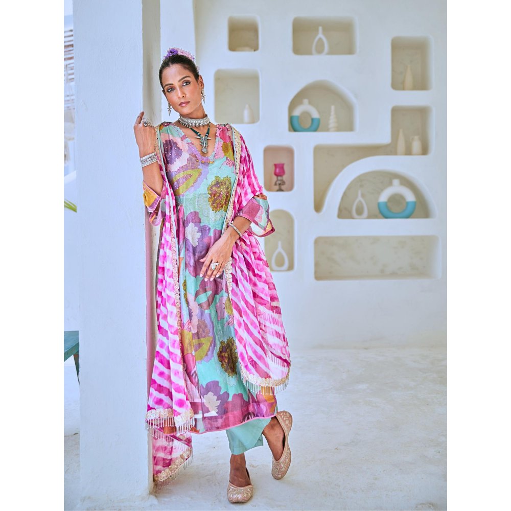 Myaara Aqua Blue Floral Embellished Tissue Kurta with Pant Leheriya Dupatta (Set of 4)