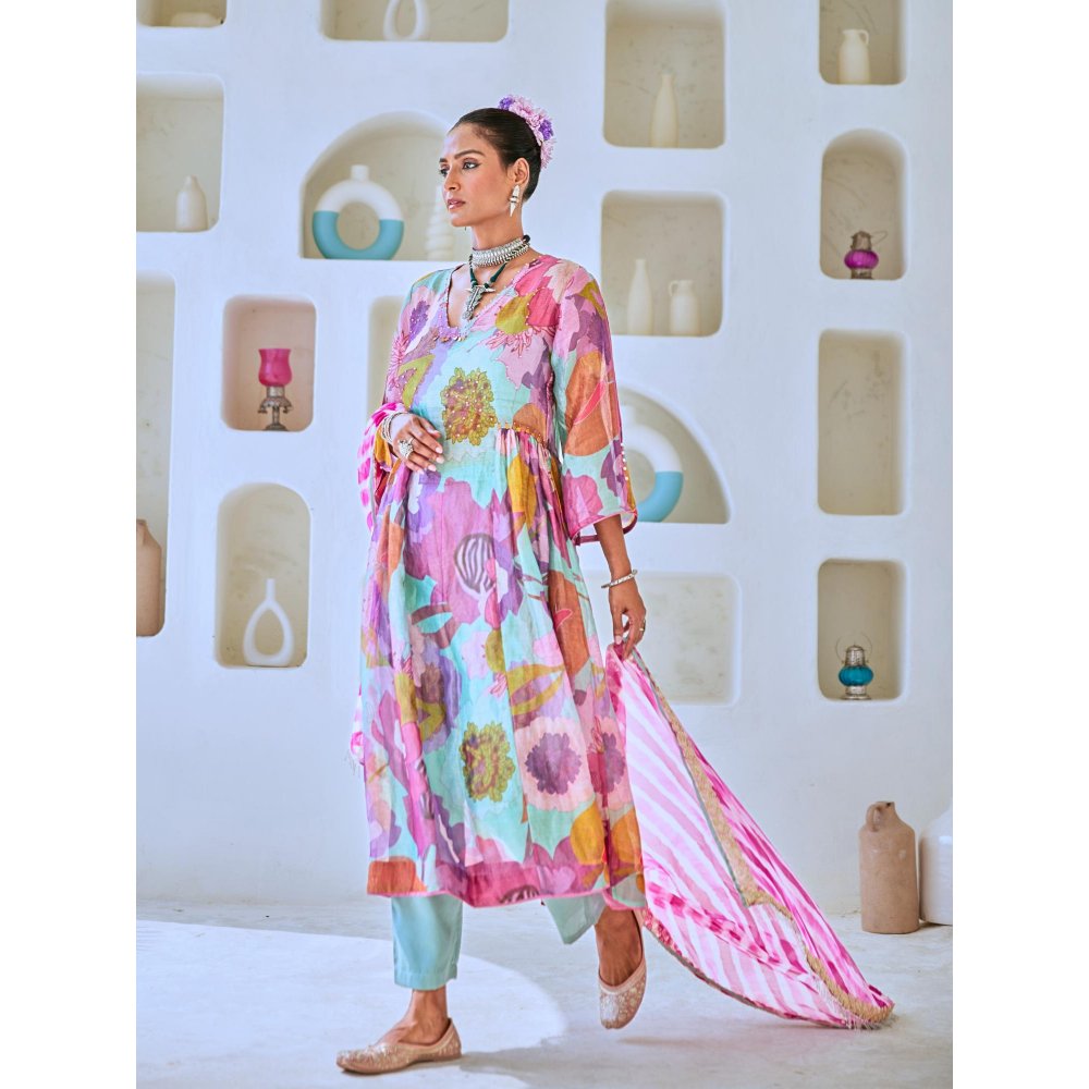 Myaara Aqua Blue Floral Embellished Tissue Kurta with Pant Leheriya Dupatta (Set of 4)