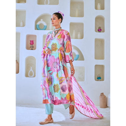 Myaara Aqua Blue Floral Embellished Tissue Kurta with Pant Leheriya Dupatta (Set of 4)