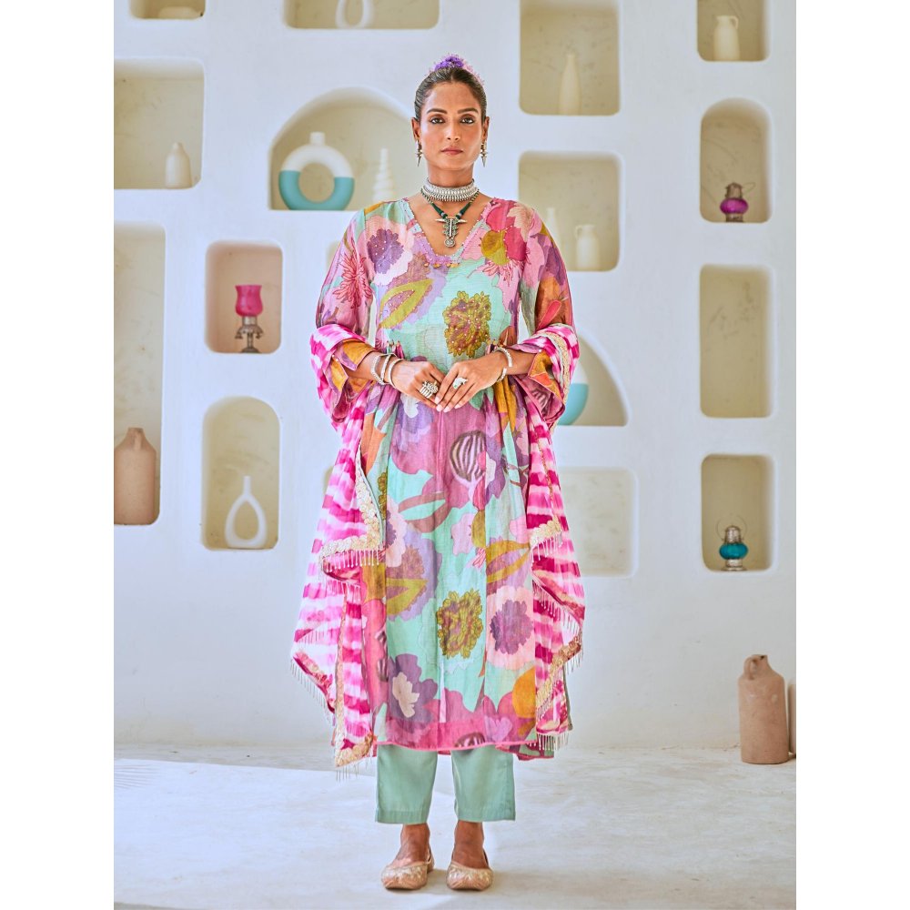 Myaara Aqua Blue Floral Embellished Tissue Kurta with Pant Leheriya Dupatta (Set of 4)