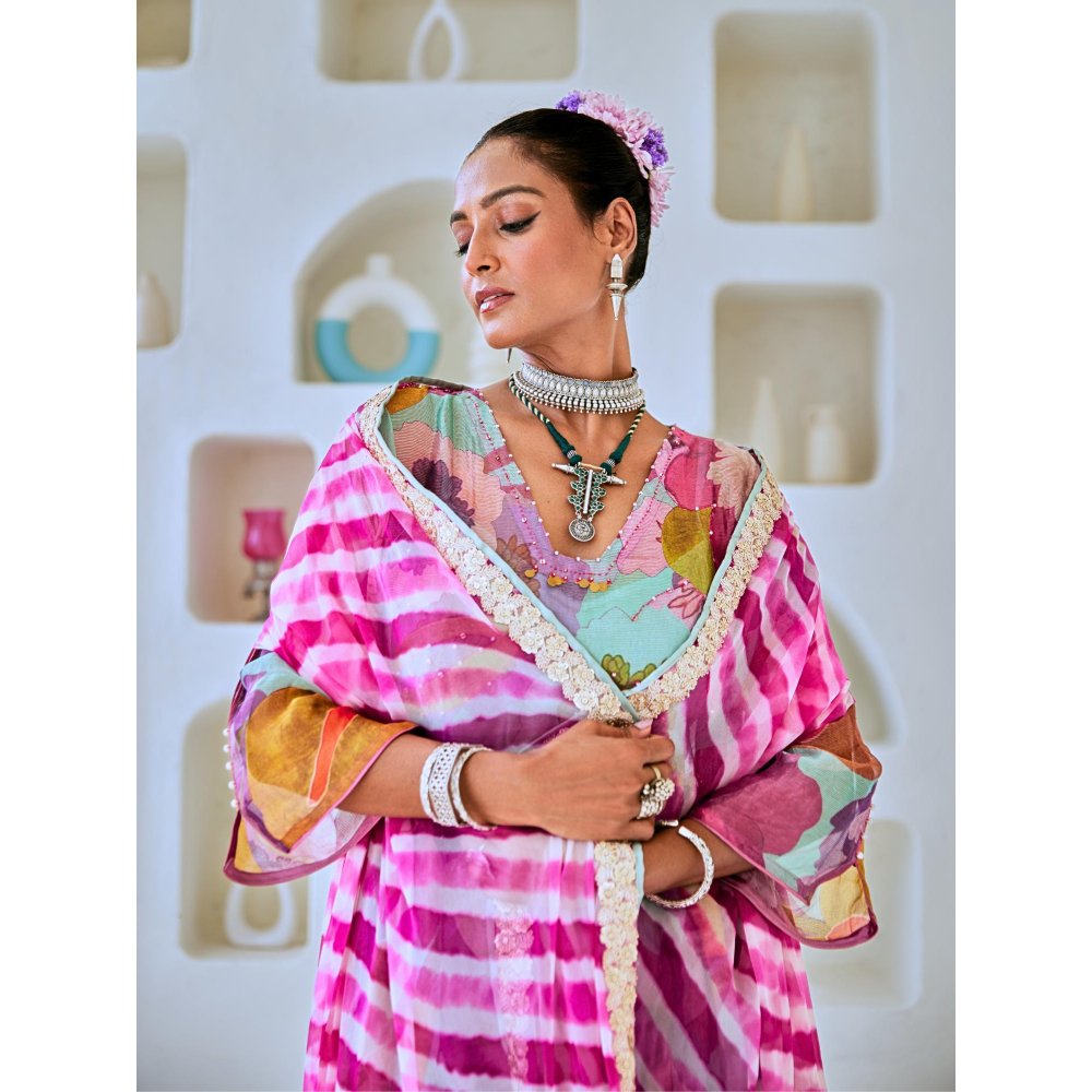 Myaara Aqua Blue Floral Embellished Tissue Kurta with Pant Leheriya Dupatta (Set of 4)