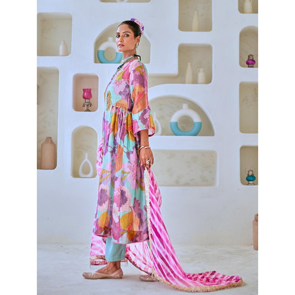 Myaara Aqua Blue Floral Embellished Tissue Kurta with Pant Leheriya Dupatta (Set of 4)