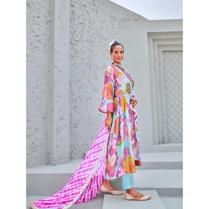 Myaara Aqua Blue Floral Embellished Tissue Kurta with Pant Leheriya Dupatta (Set of 4)