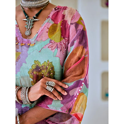 Myaara Aqua Blue Floral Embellished Tissue Kurta with Pant Leheriya Dupatta (Set of 4)