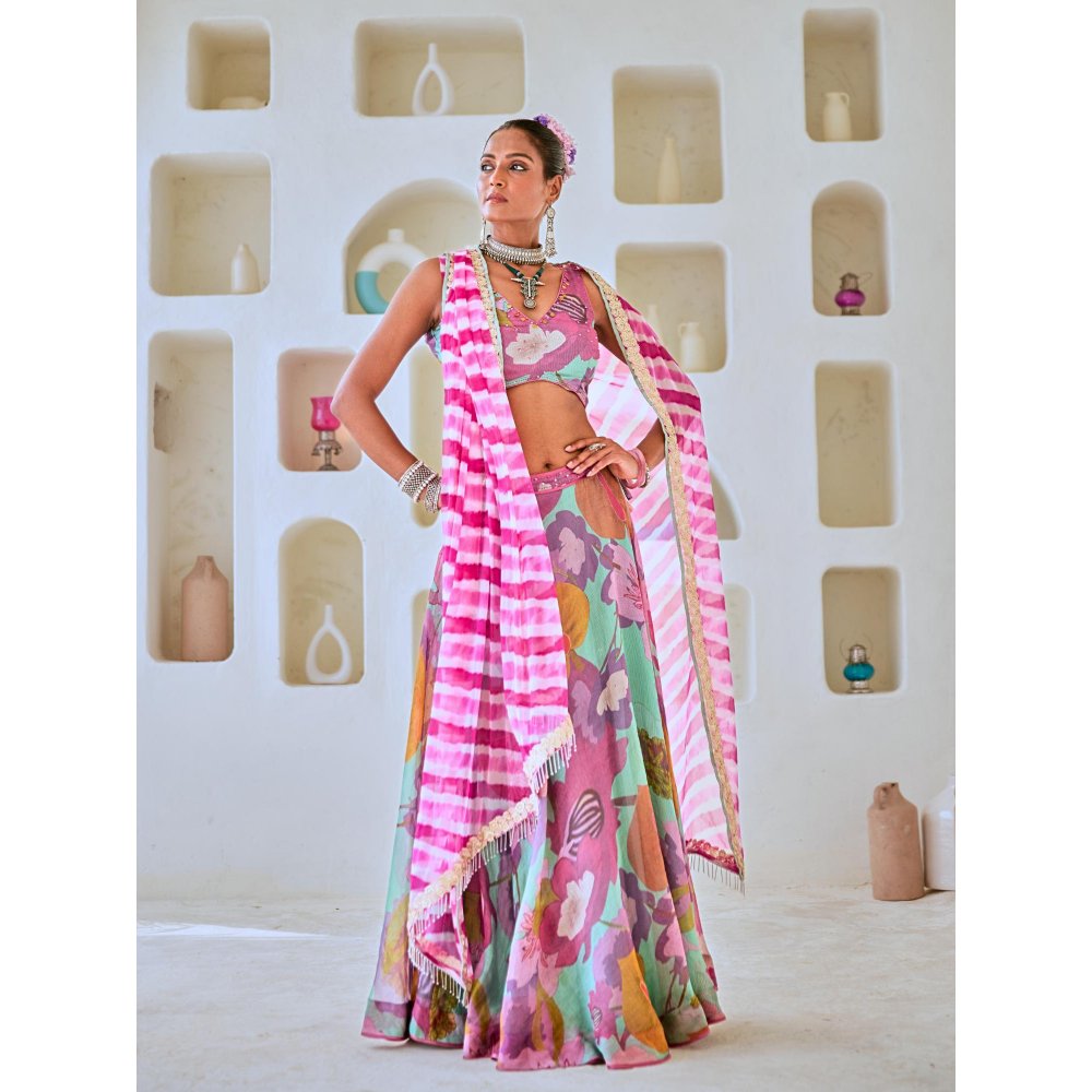 Myaara Aqua Blue Floral Embellished Lehenga With Blouse and Leheriya Dupatta (Set of 3)