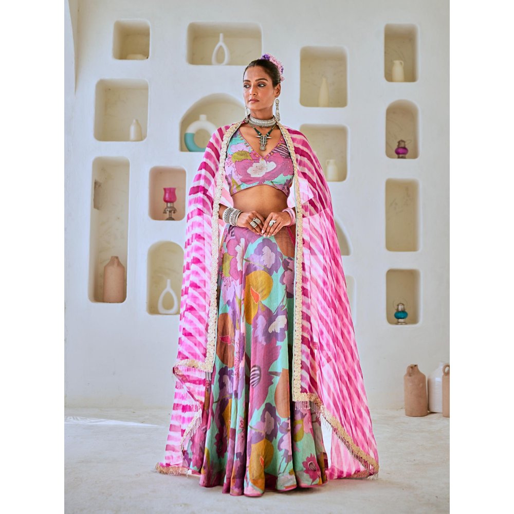 Myaara Aqua Blue Floral Embellished Lehenga With Blouse and Leheriya Dupatta (Set of 3)