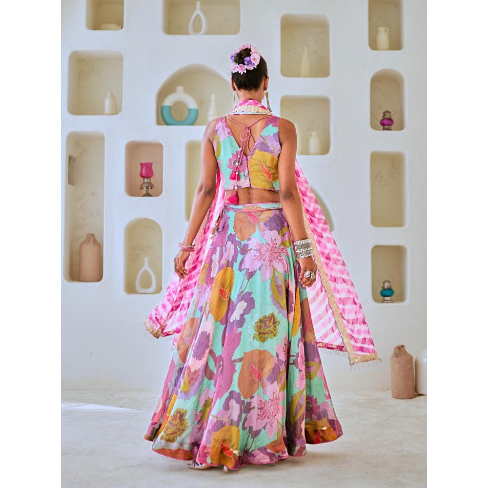 Myaara Aqua Blue Floral Embellished Lehenga With Blouse and Leheriya Dupatta (Set of 3)