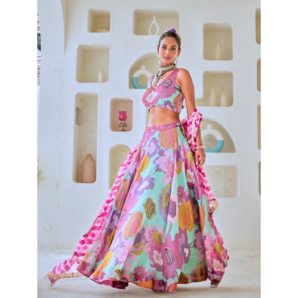 Myaara Aqua Blue Floral Embellished Lehenga With Blouse and Leheriya Dupatta (Set of 3)