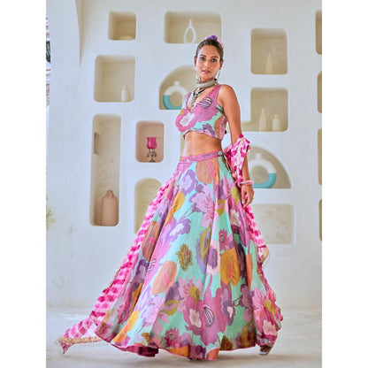 Myaara Aqua Blue Floral Embellished Lehenga With Blouse and Leheriya Dupatta (Set of 3)