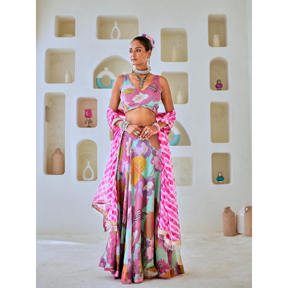 Myaara Aqua Blue Floral Embellished Lehenga With Blouse and Leheriya Dupatta (Set of 3)