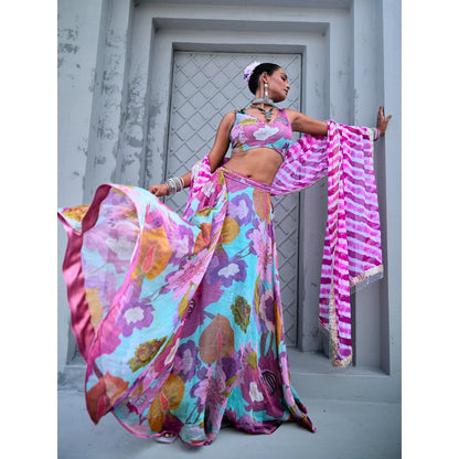 Myaara Aqua Blue Floral Embellished Lehenga With Blouse and Leheriya Dupatta (Set of 3)