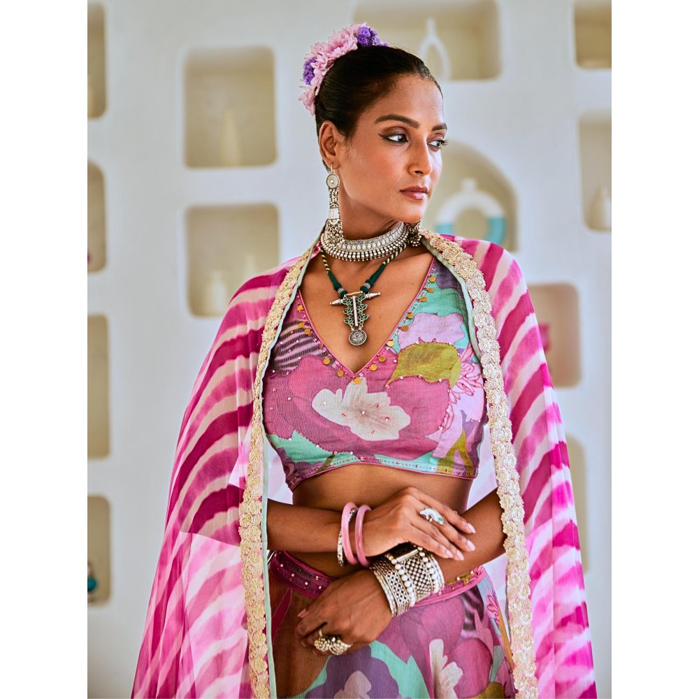 Myaara Aqua Blue Floral Embellished Lehenga With Blouse and Leheriya Dupatta (Set of 3)