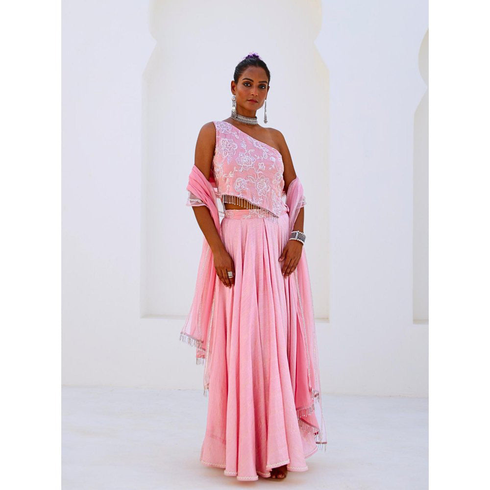 Myaara Soft Pink Embroidered Chanderi Lehenga With Blouse and Organza Dupatta (Set of 3)