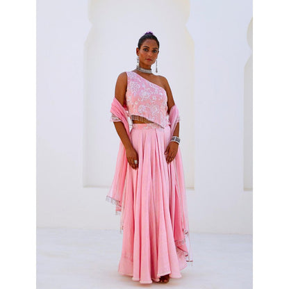 Myaara Soft Pink Embroidered Chanderi Lehenga With Blouse and Organza Dupatta (Set of 3)