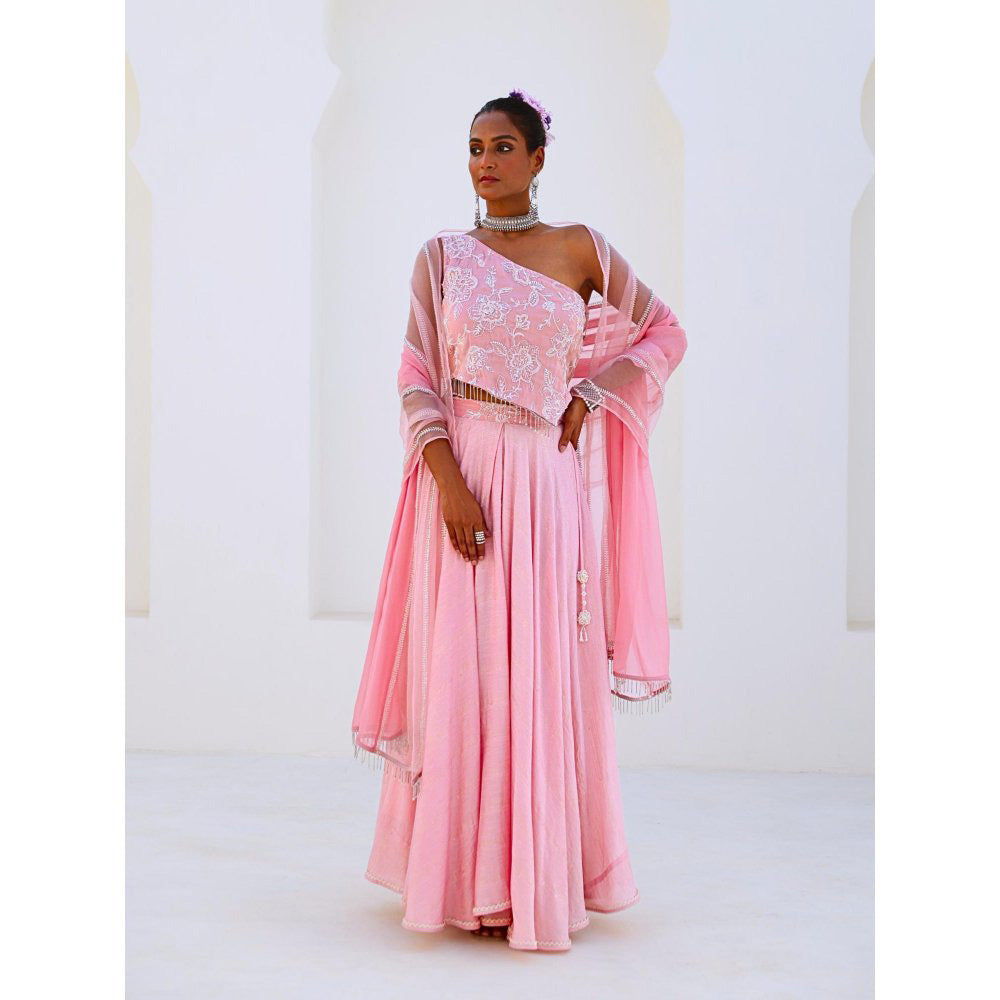 Myaara Soft Pink Embroidered Chanderi Lehenga With Blouse and Organza Dupatta (Set of 3)