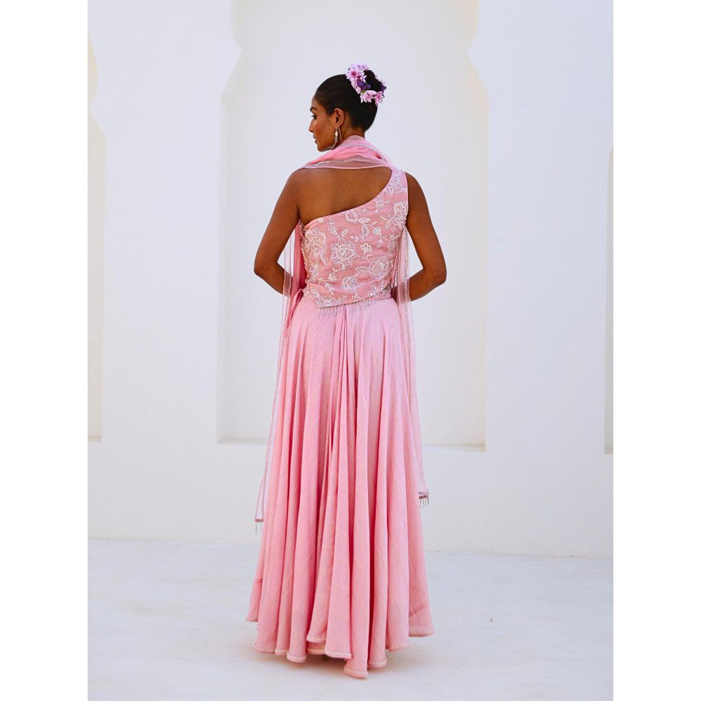 Myaara Soft Pink Embroidered Chanderi Lehenga With Blouse and Organza Dupatta (Set of 3)
