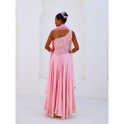 Myaara Soft Pink Embroidered Chanderi Lehenga With Blouse and Organza Dupatta (Set of 3)