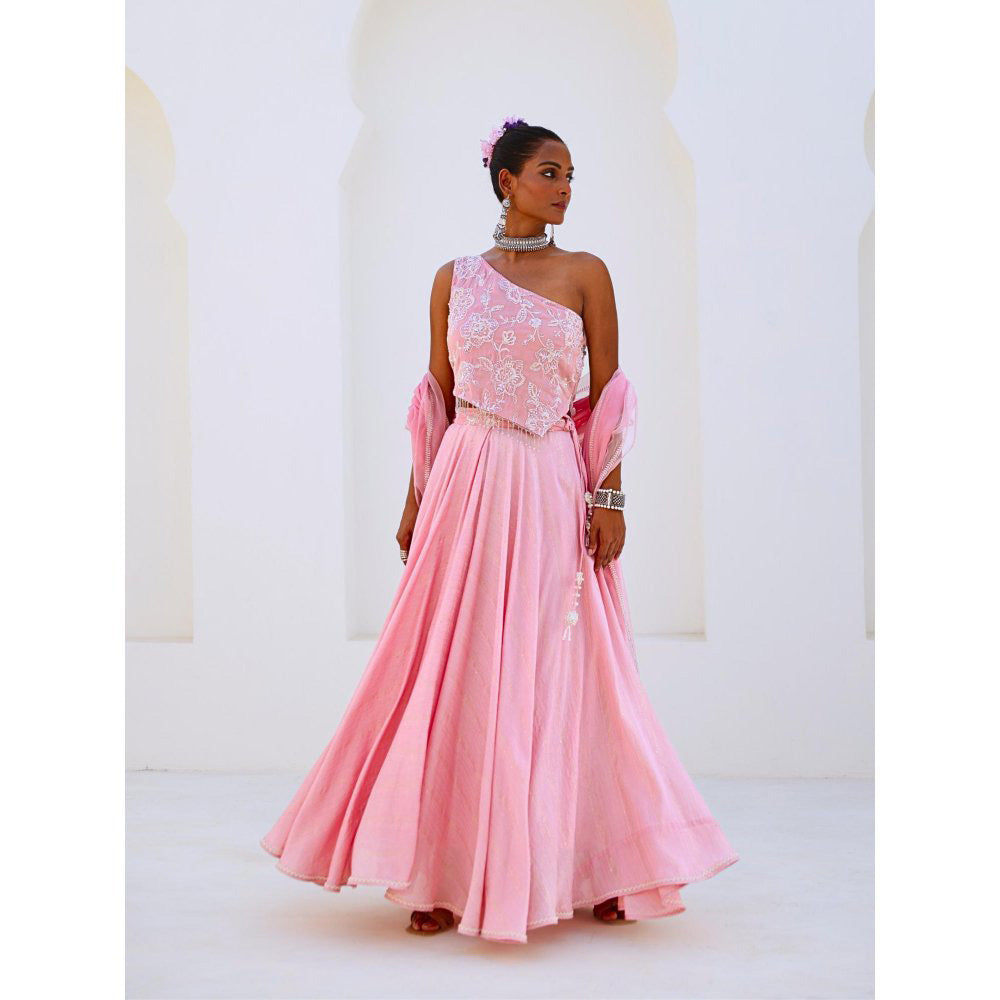 Myaara Soft Pink Embroidered Chanderi Lehenga With Blouse and Organza Dupatta (Set of 3)