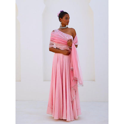 Myaara Soft Pink Embroidered Chanderi Lehenga With Blouse and Organza Dupatta (Set of 3)