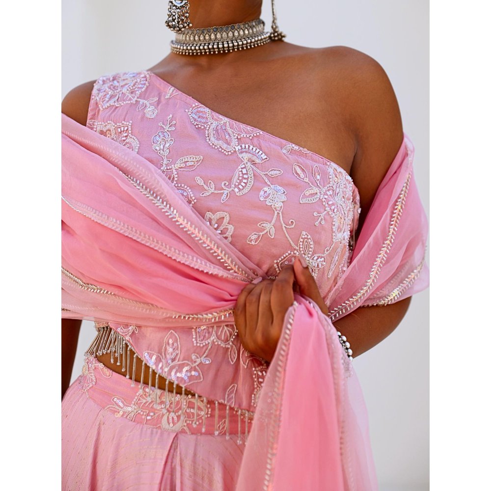 Myaara Soft Pink Embroidered Chanderi Lehenga With Blouse and Organza Dupatta (Set of 3)