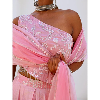 Myaara Soft Pink Embroidered Chanderi Lehenga With Blouse and Organza Dupatta (Set of 3)