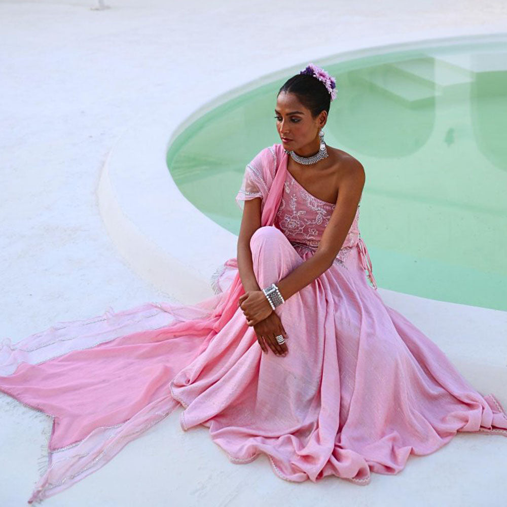 Myaara Soft Pink Embroidered Chanderi Lehenga With Blouse and Organza Dupatta (Set of 3)