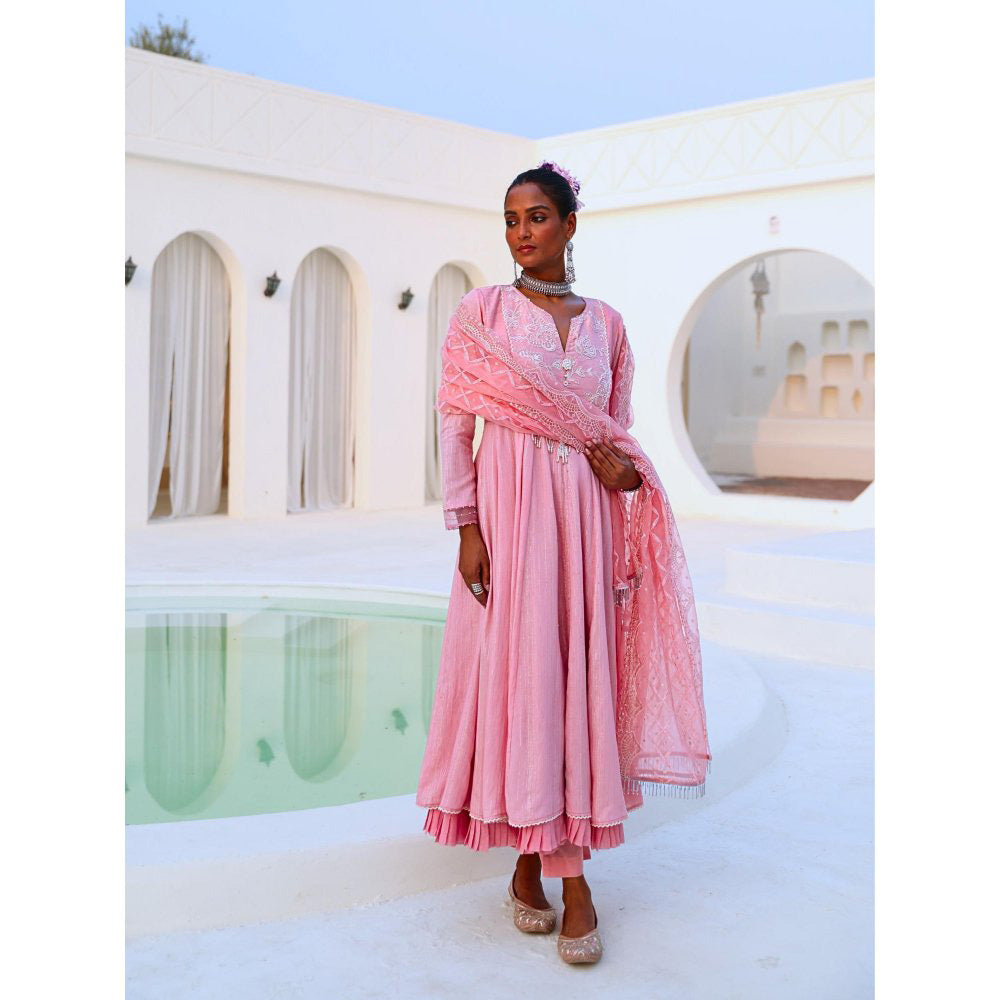 Myaara Soft Pink Embroidered Flared Anarkali with Pant Organza Dupatta (Set of 3)
