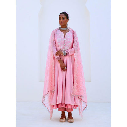 Myaara Soft Pink Embroidered Flared Anarkali with Pant Organza Dupatta (Set of 3)