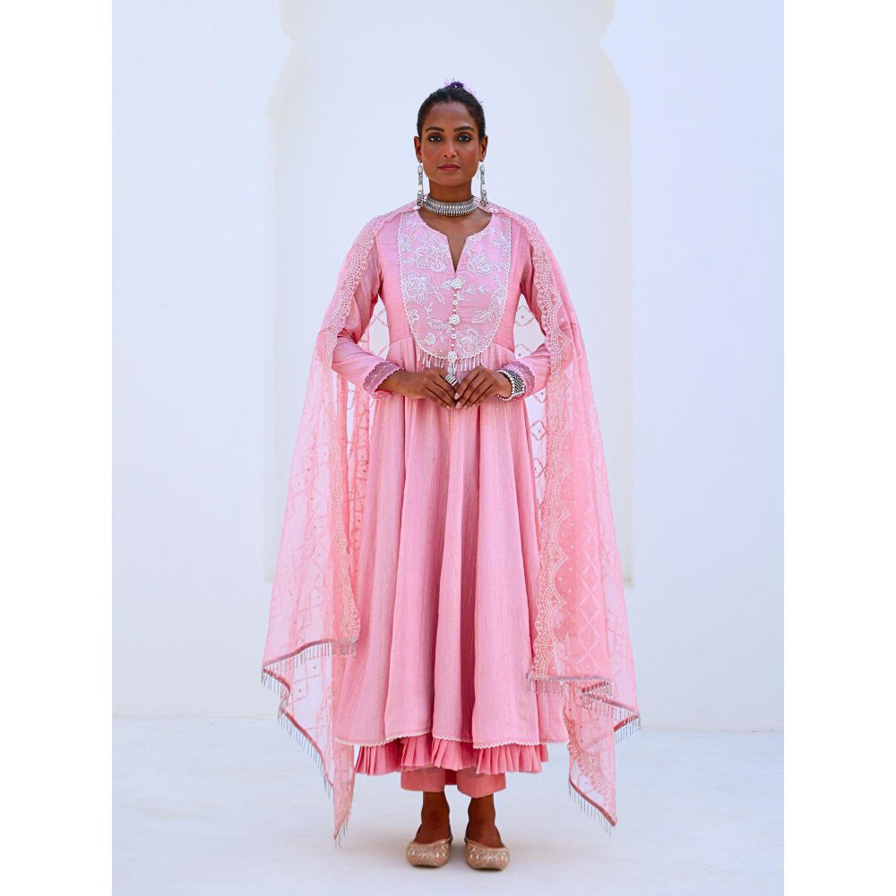 Myaara Soft Pink Embroidered Flared Anarkali with Pant Organza Dupatta (Set of 3)