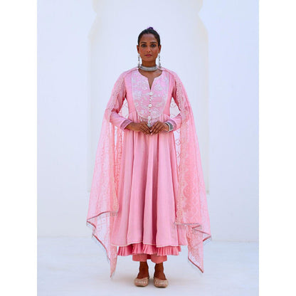 Myaara Soft Pink Embroidered Flared Anarkali with Pant Organza Dupatta (Set of 3)