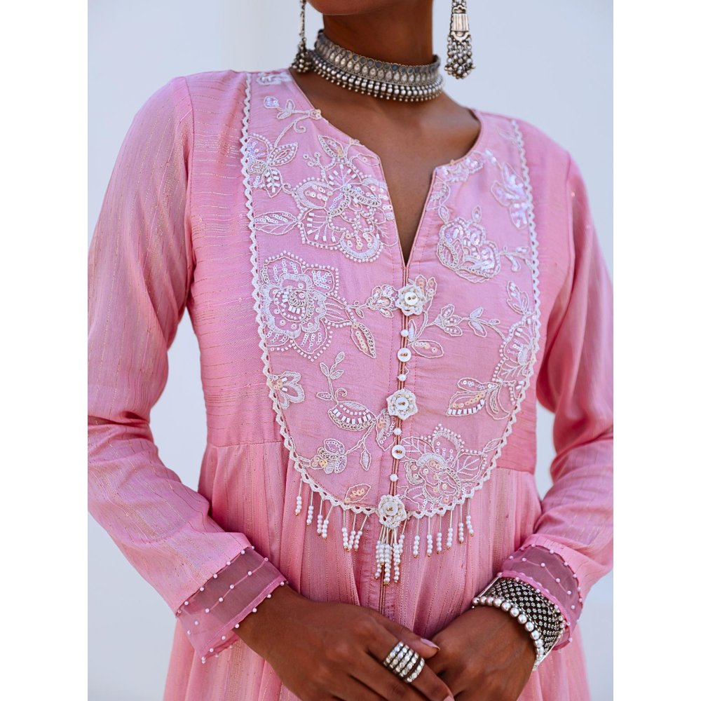 Myaara Soft Pink Embroidered Flared Anarkali with Pant Organza Dupatta (Set of 3)