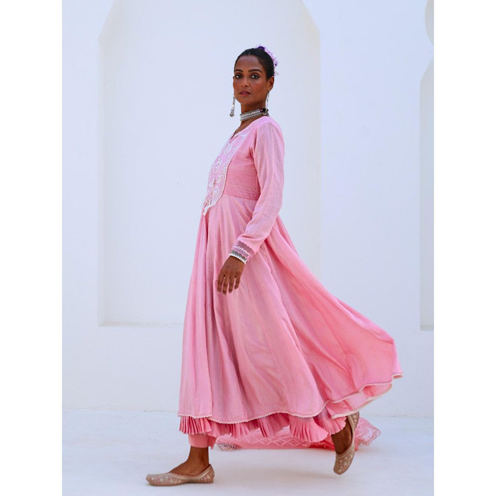 Myaara Soft Pink Embroidered Flared Anarkali with Pant Organza Dupatta (Set of 3)