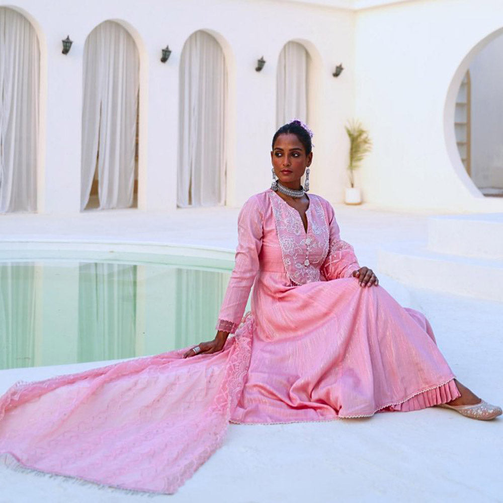 Myaara Soft Pink Embroidered Flared Anarkali with Pant Organza Dupatta (Set of 3)